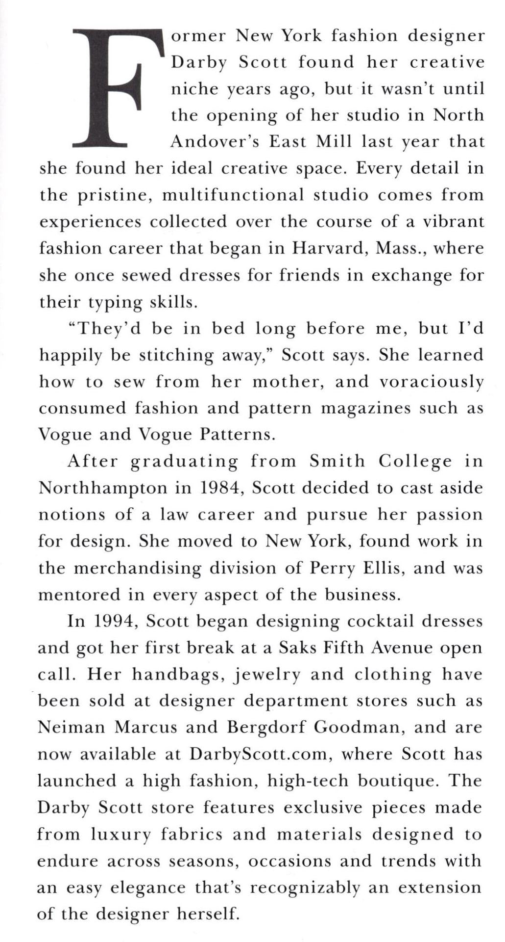 Text describing a fashion designer Darby Scott's journey and work, with a focus on their studio and designs.