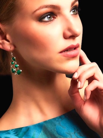 Malachite & Diamond Mosaic 5 Stone Earrings on Model - Darby Scott