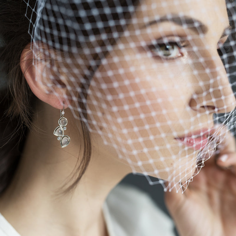 Model wearing 3 Stone Moonstone & Diamond Mosaic Earrings - Darby Scott