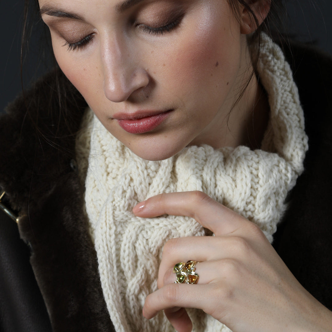 Model in two Mosaic rings of Peridot & Diamond & Citrine & Diamond gemstones and yellow gold - Darby Scott