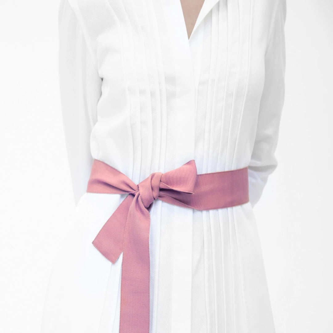Rose colored Grosgrain ribbon belt on model - Darby Scott