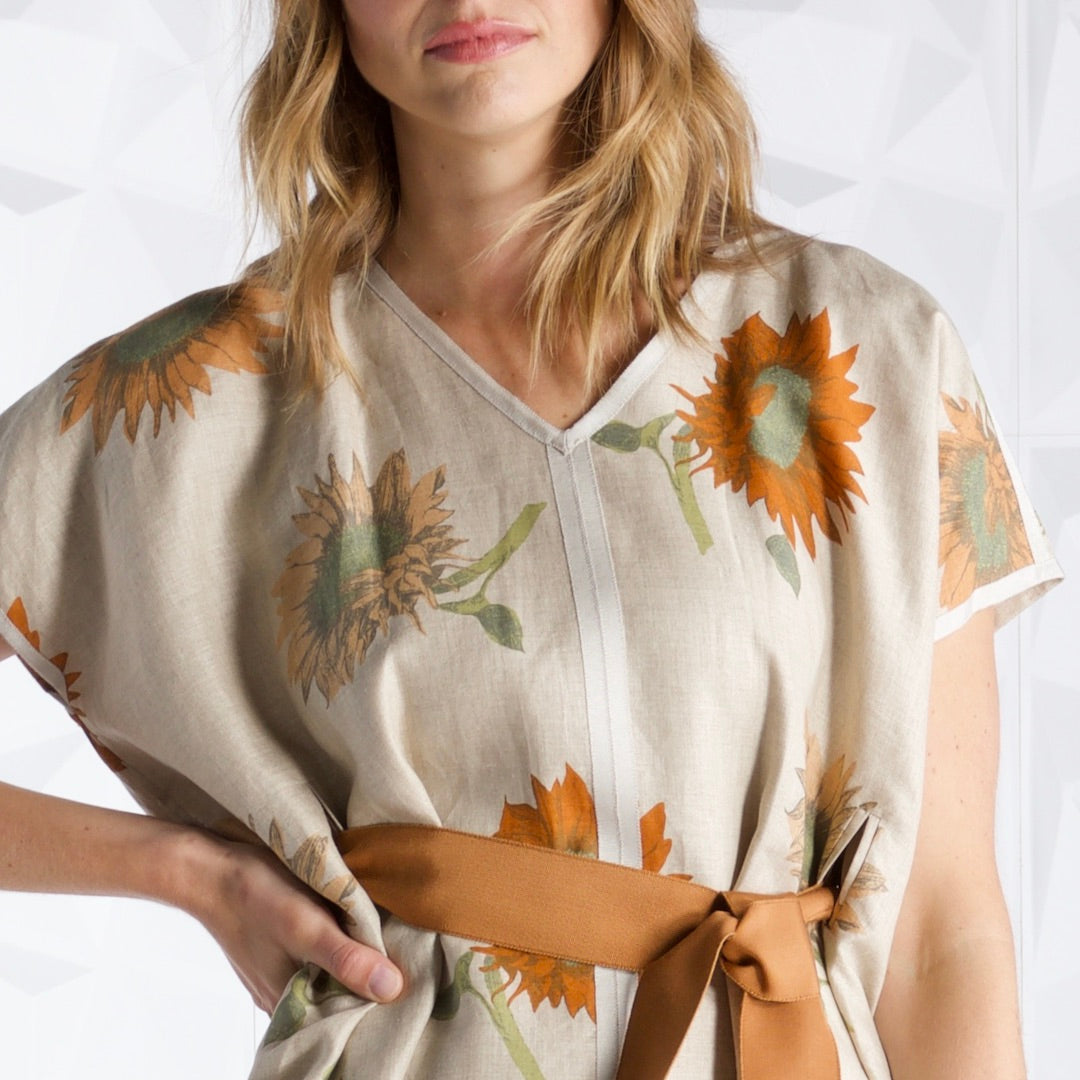 Terracotta ribbon belt on sunflower caftan dress - Darby Scott