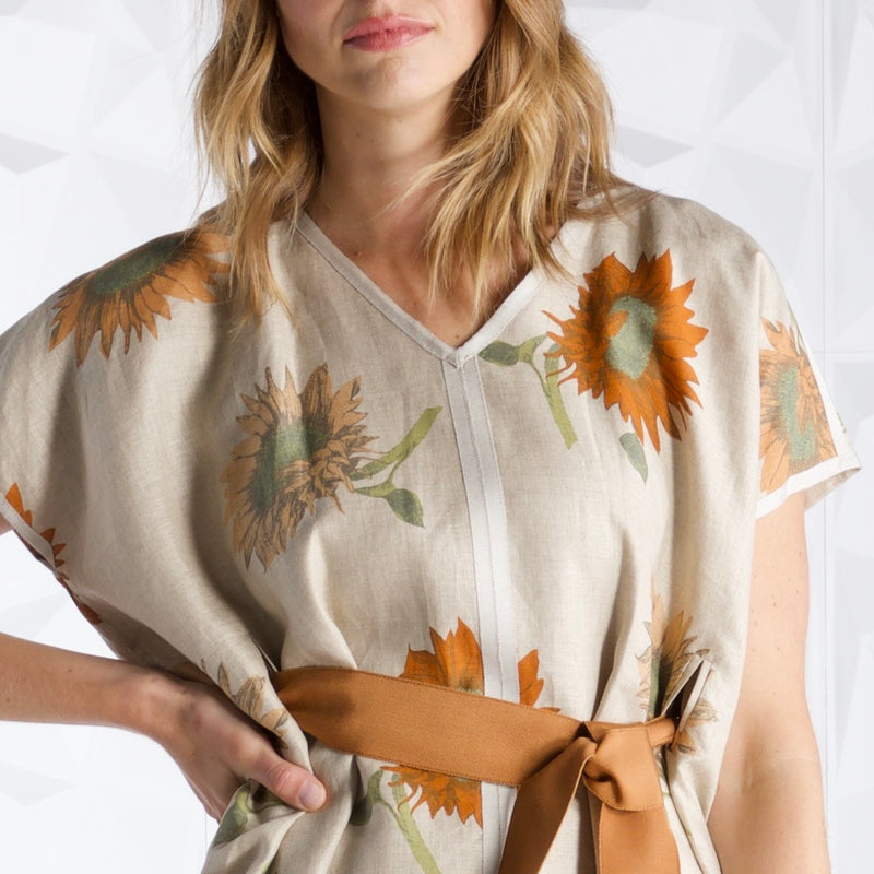 Terracotta ribbon belt on sunflower caftan dress - Darby Scott