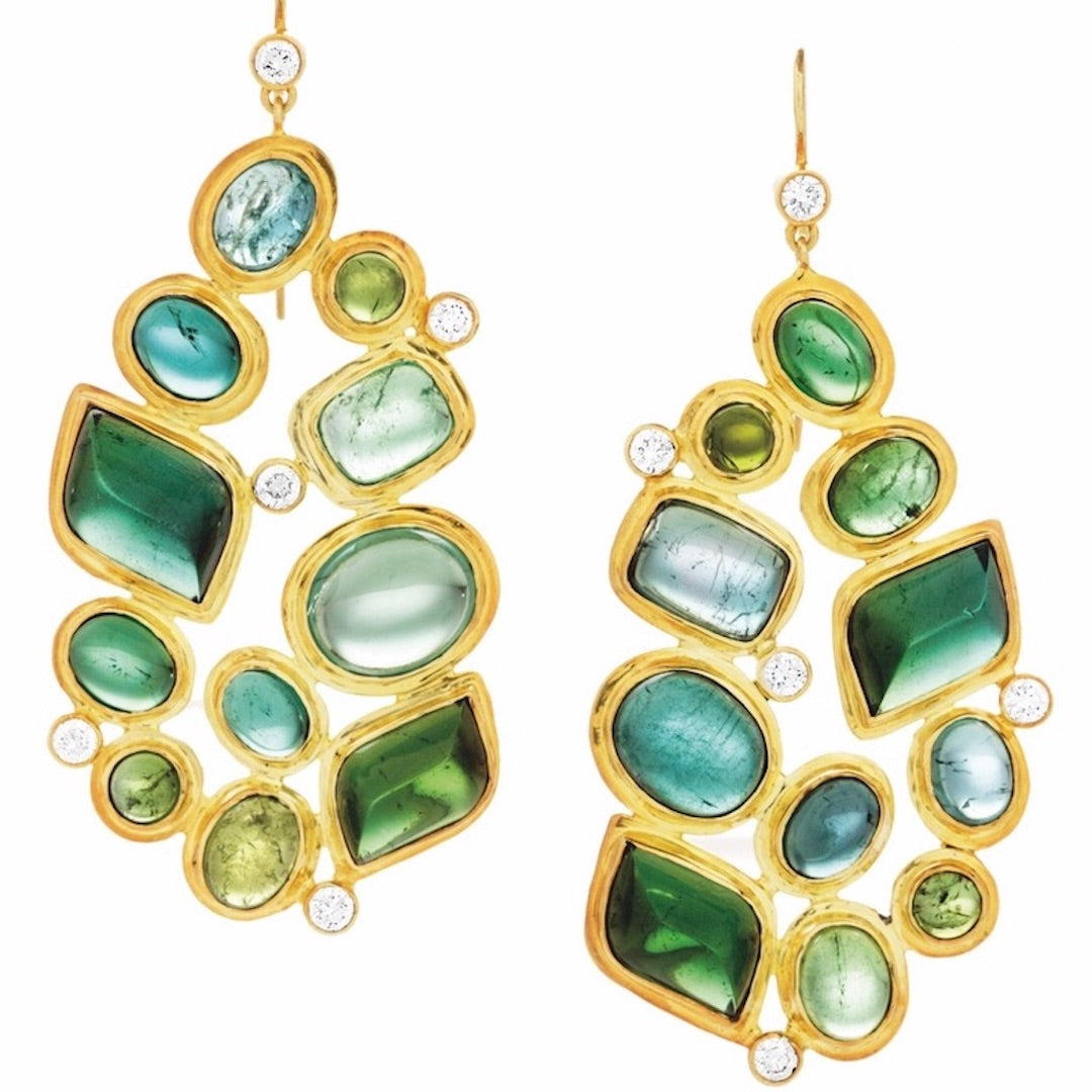 Various shades of green tourmalines in a mosaic earring with diamonds and 18k gold - Darby Scott