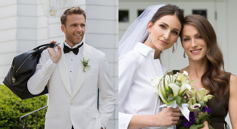 Groom with travel bag and bride/bridesmaid with flowers