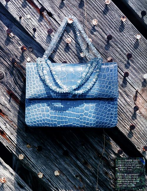Baby Blue Alligator Handbag with Aquamarine Gemstone Handle as seen in Bergdorf-Goodman Resort Catalog