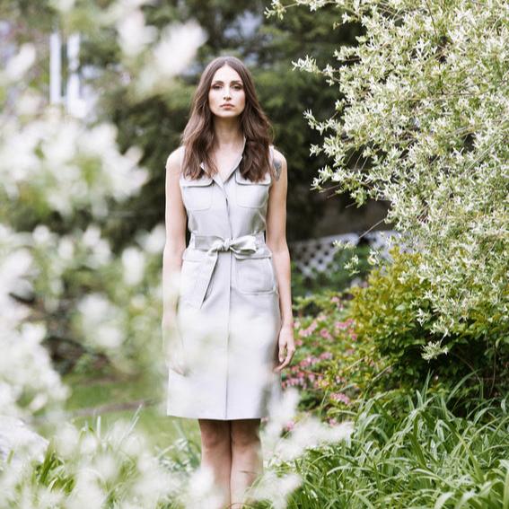 Model in a Darby Scott Safari dress in garden setting