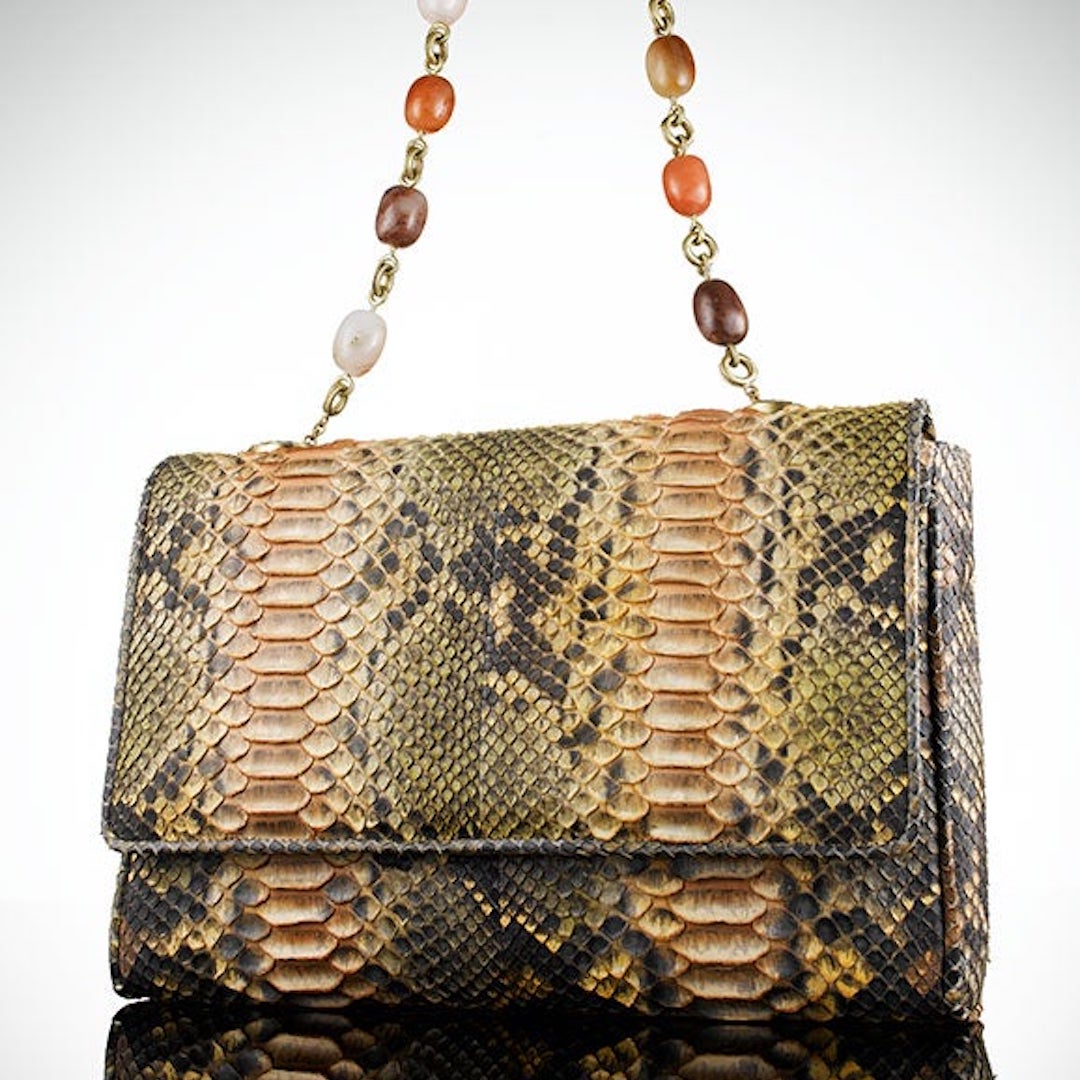 Chain & Jewel Handbag in Peach Python with Carnelian Stones on Handle - Darby Scott