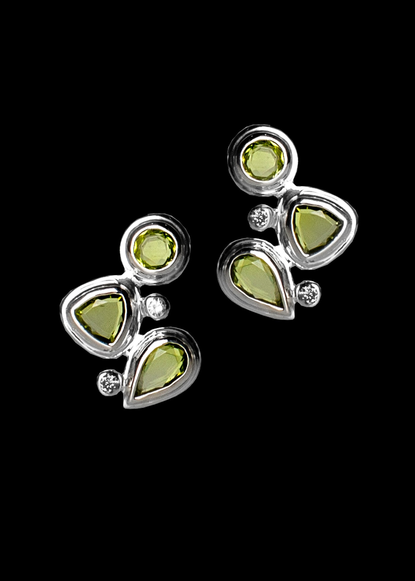 Peridot & Diamond Three Stone Mosaic Earrings in Sterling Silver - Post Back