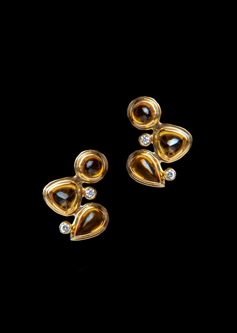Three stone citrine & diamond post back earrings with diamonds. Darby Scott