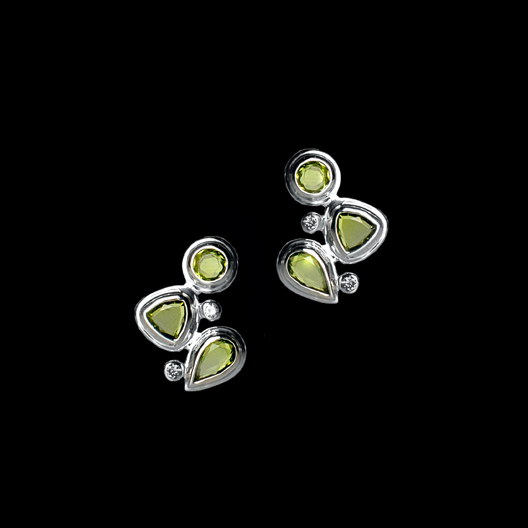 Peridot & Diamond Three Stone Mosaic Earrings in Sterling Silver - Post Back - Darby Scott