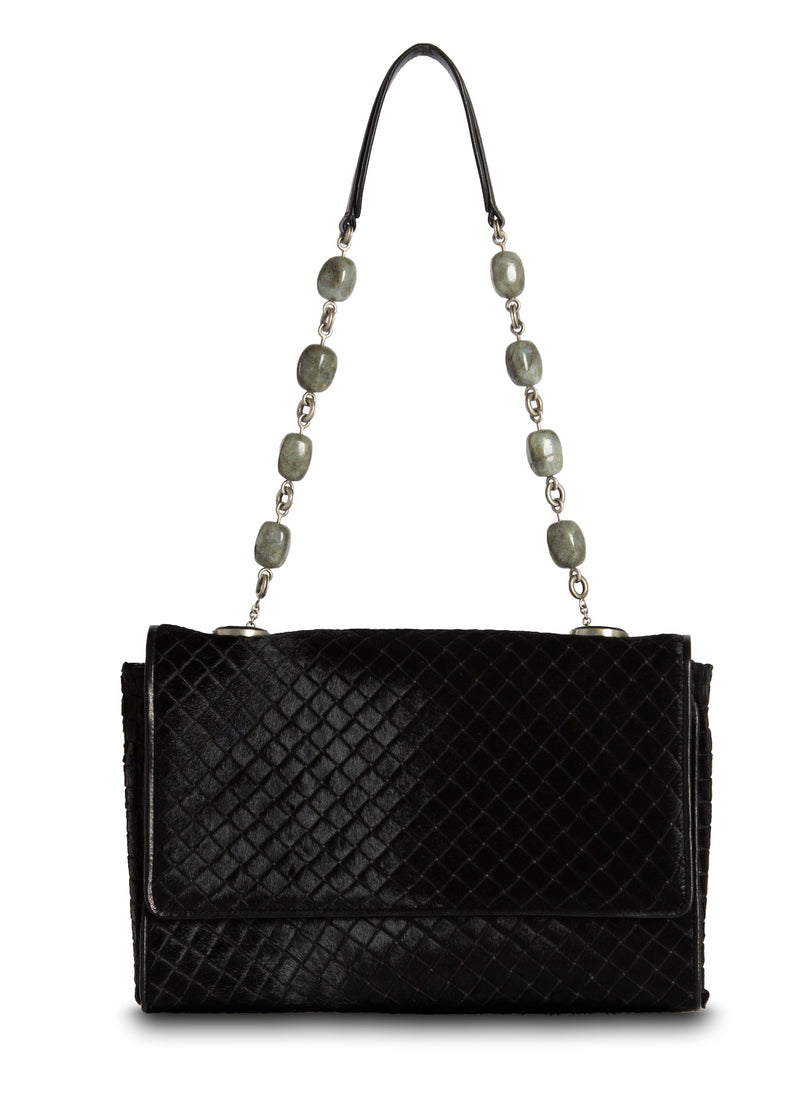 Black Haircalf Shoulder Bag with Linked Agate Bead Handle, front view - Darby Scott