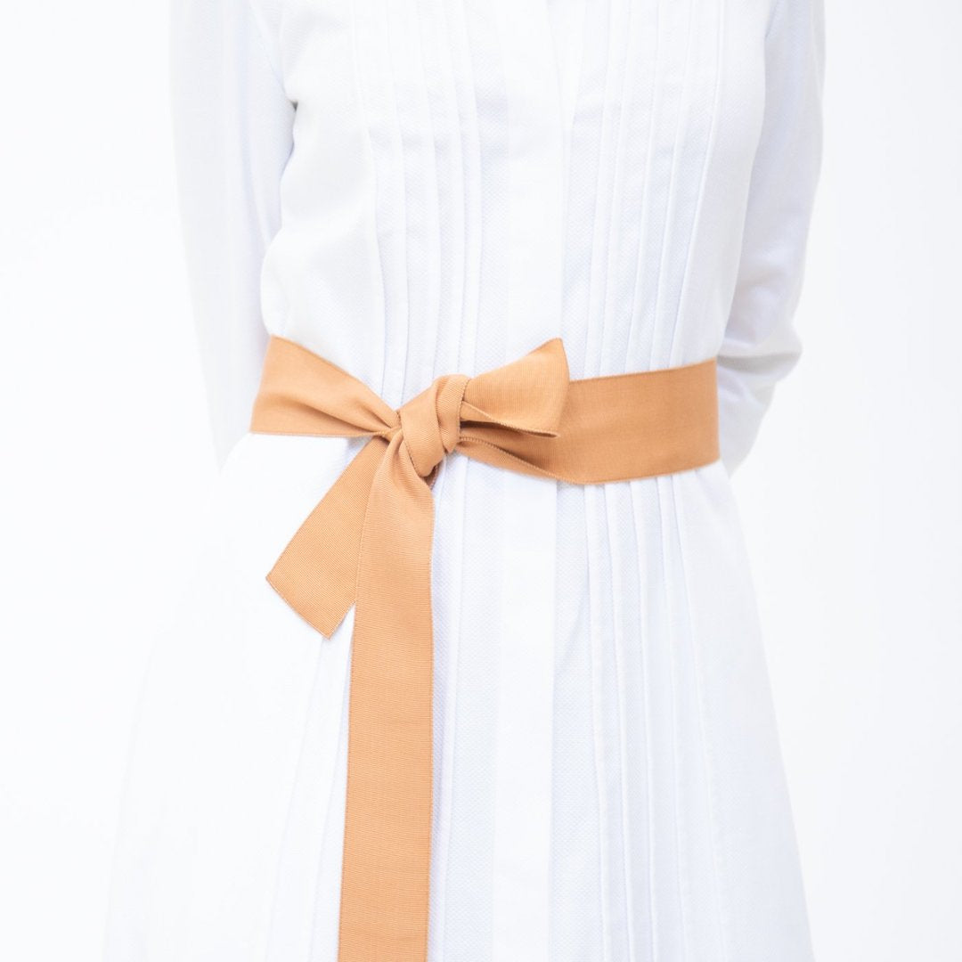 Wide Grosgrain Ribbon Belt in Apricot on Model - Darby Scott