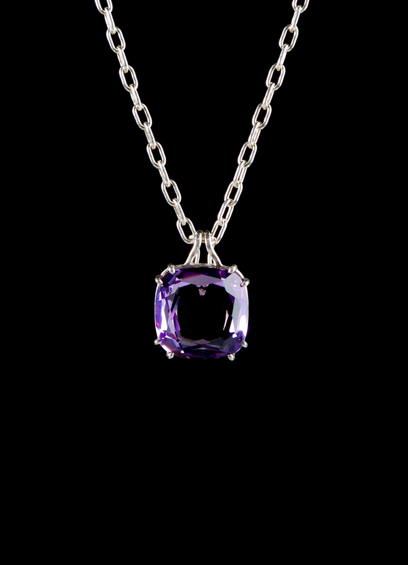 34 Carat Cushion Cut Amethyst Pendant in Sterling Silver - Darby Scott