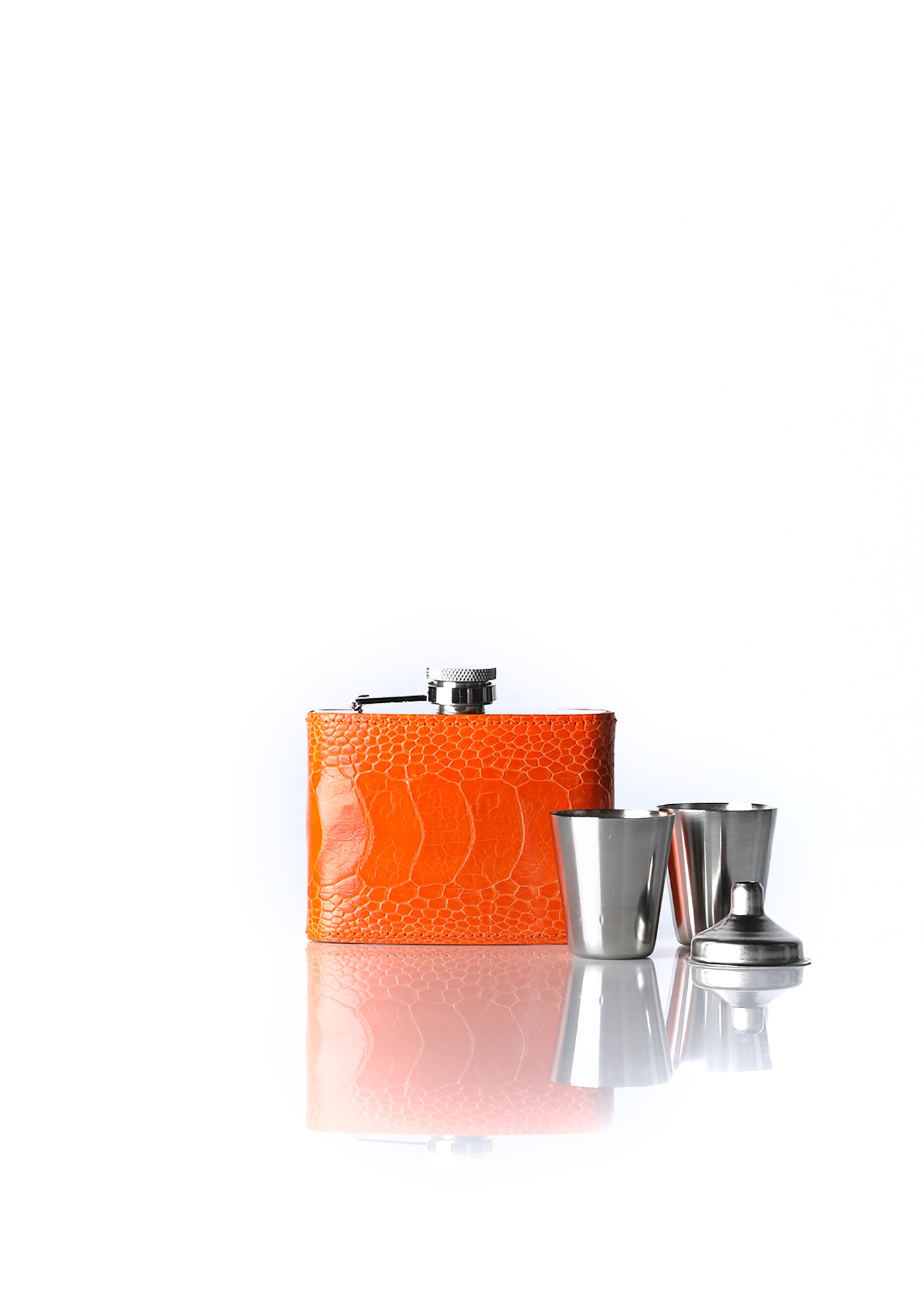 Orange Ostrich Leg Covered Flask with two cups and funnel - Darby Scott