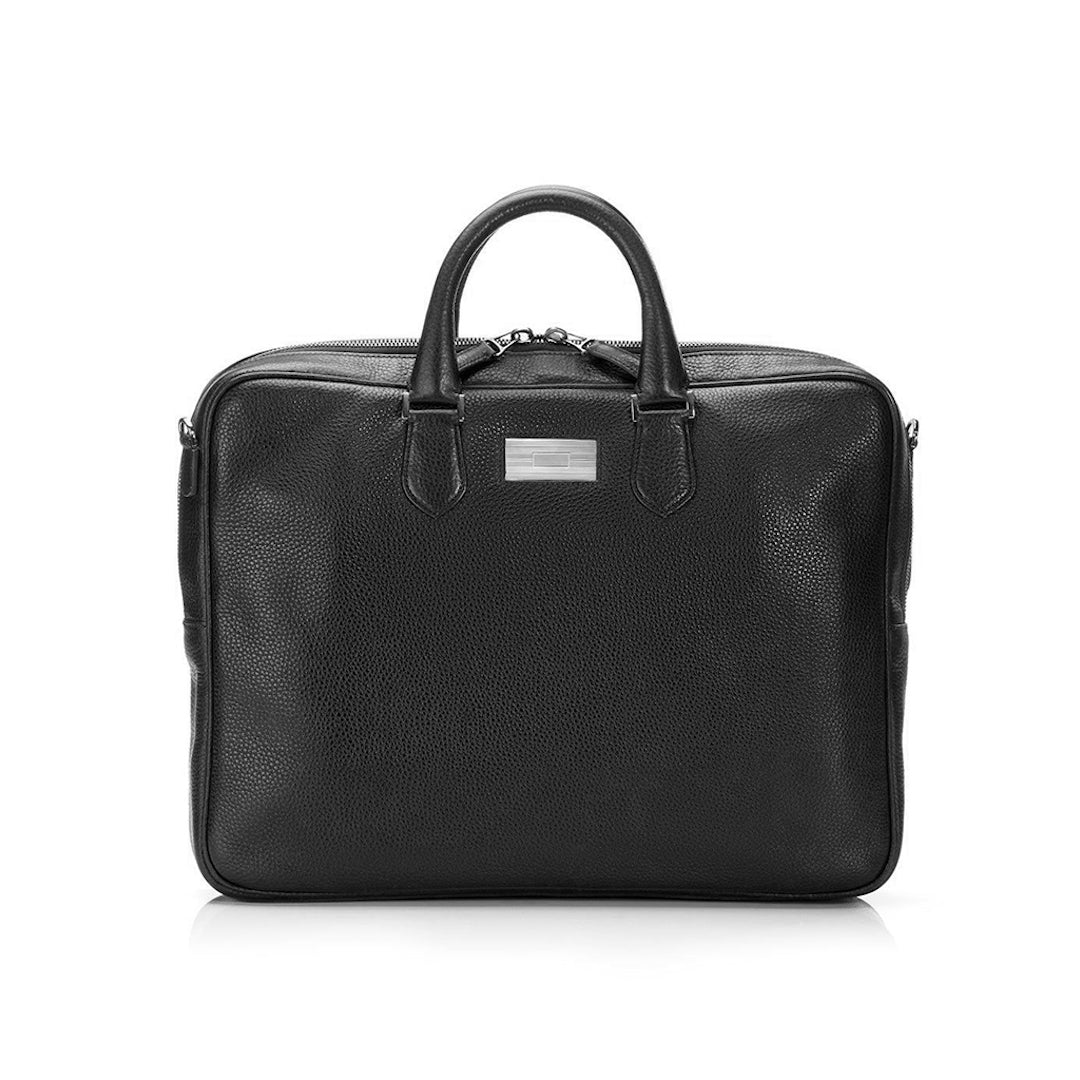 Black Leather Stratton Attache with Sterling Monogram Plate - Darby Scott