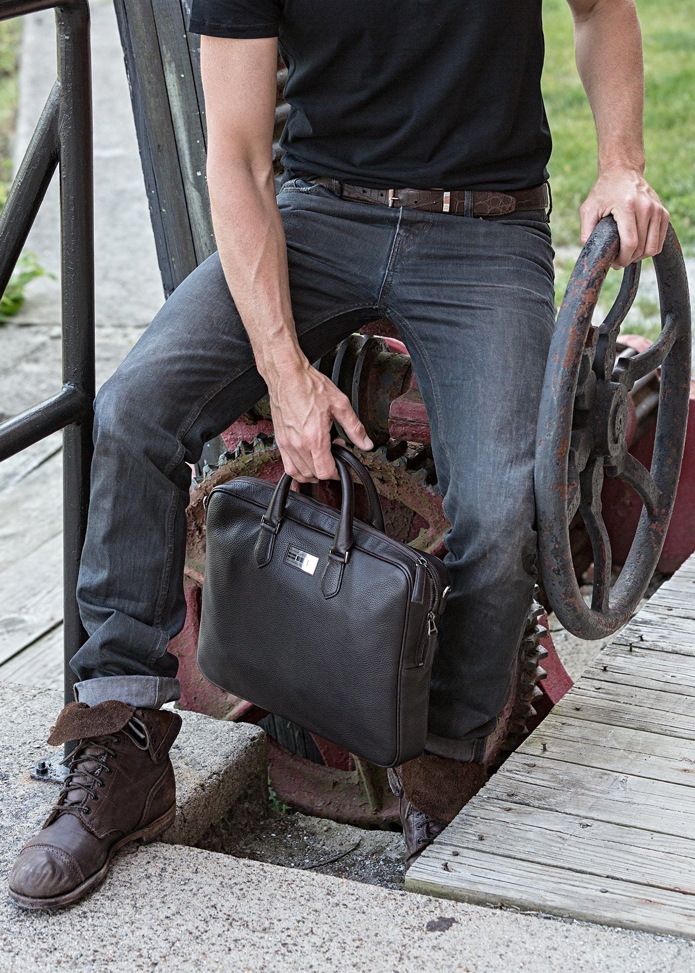 Model with Brown Leather Stratton Monogram Attache - Darby Scott