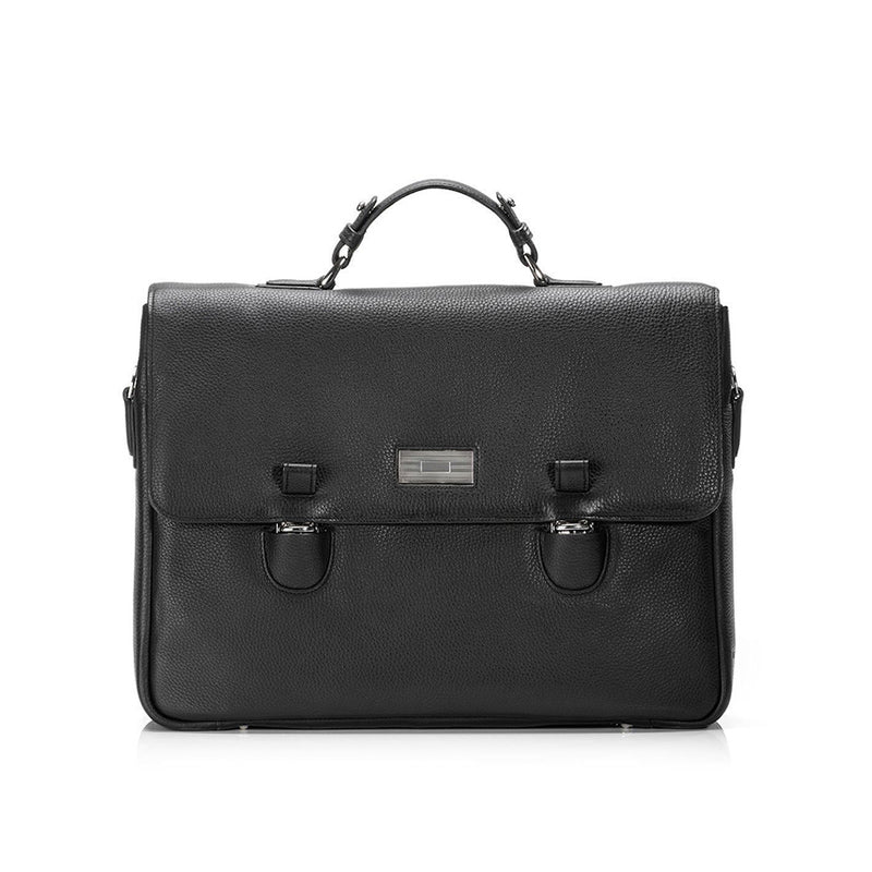 Black Leather Hudson Tuck Lock Attache with Sterling Monogram Plate - Darby Scott