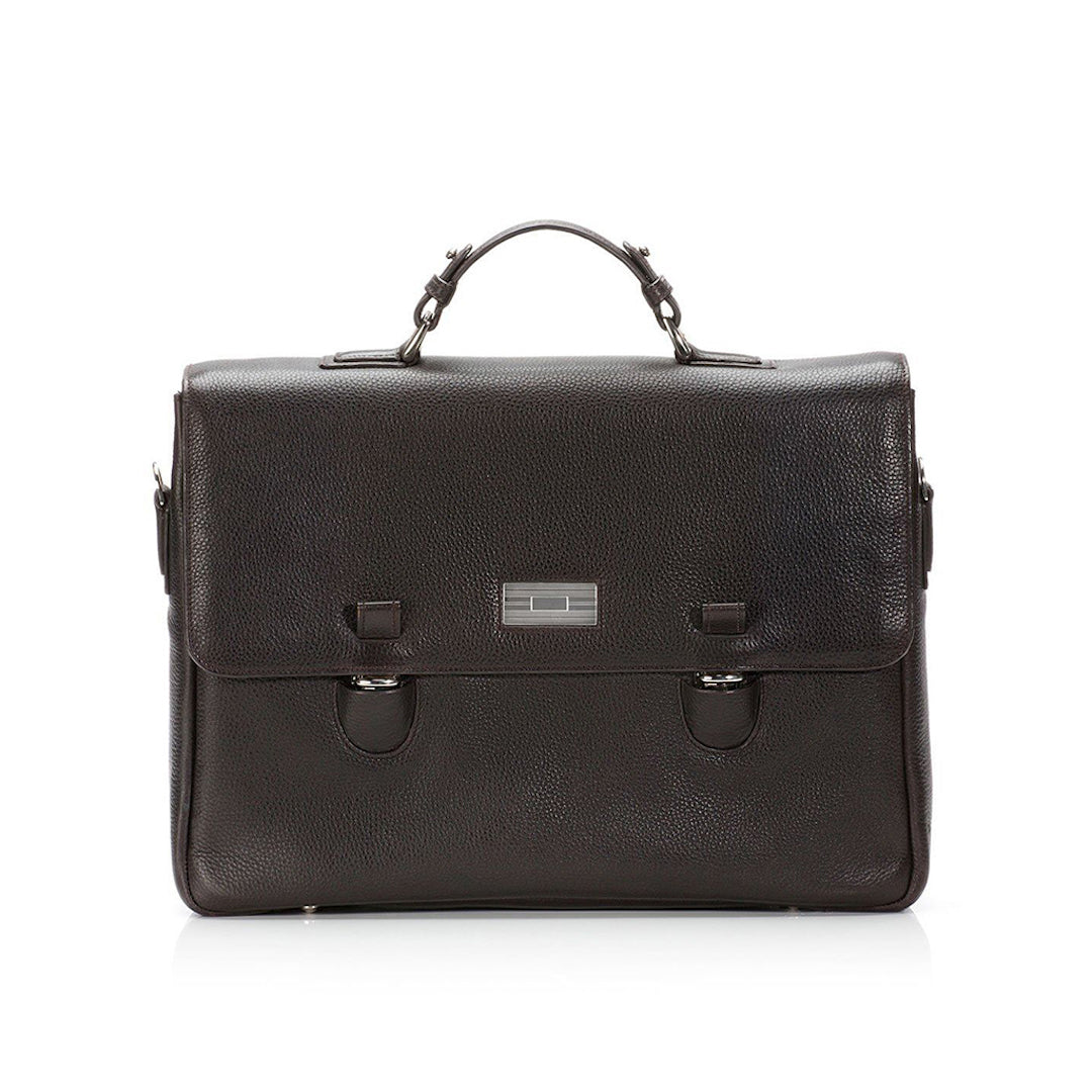 Brown Leather Hudson Tuck Lock Attache with Sterling Monogram Plate - Darby Scott