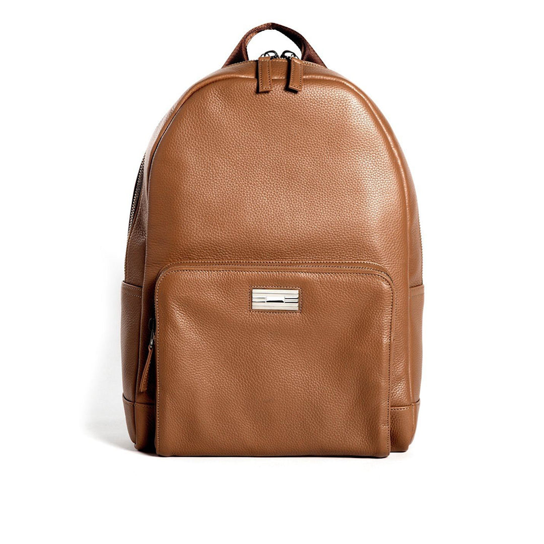 Cognac Leather Stuart Backpack with Sterling Silver Monogram Plate - Darby Scott