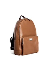 Angled View of Cognac Leather Monogram Stuart Backpack - Darby Scott