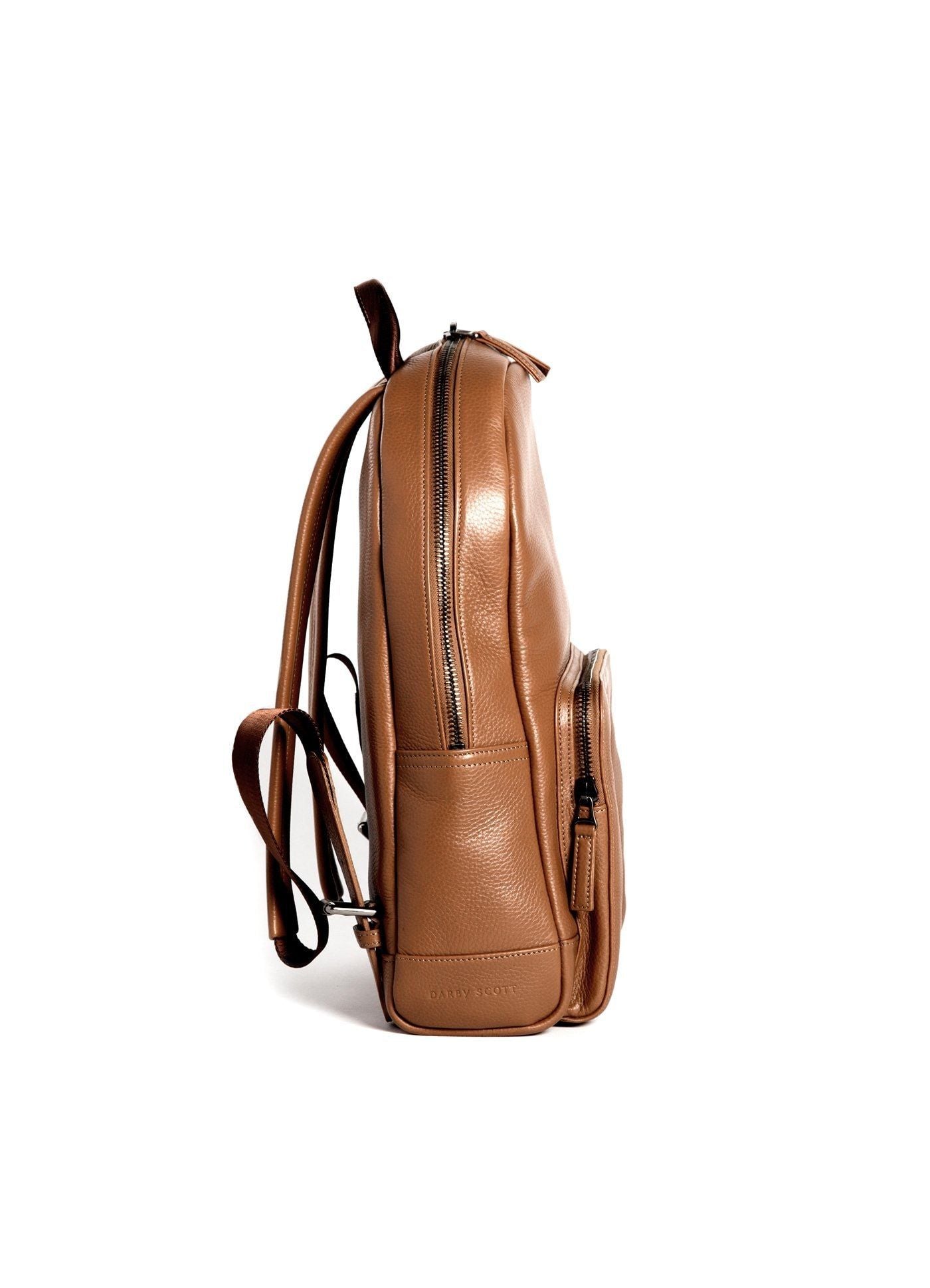 Side of Cognac Leather Monogram Stuart Backpack - Darby Scott