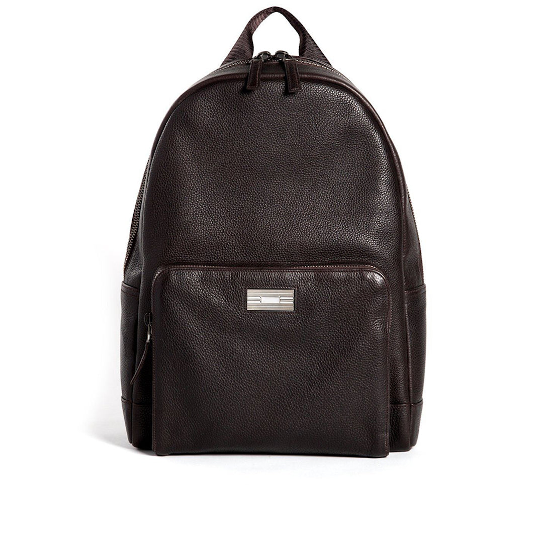 Brown Leather Stuart Backpack with Sterling Silver Monogram Plate - Darby Scott