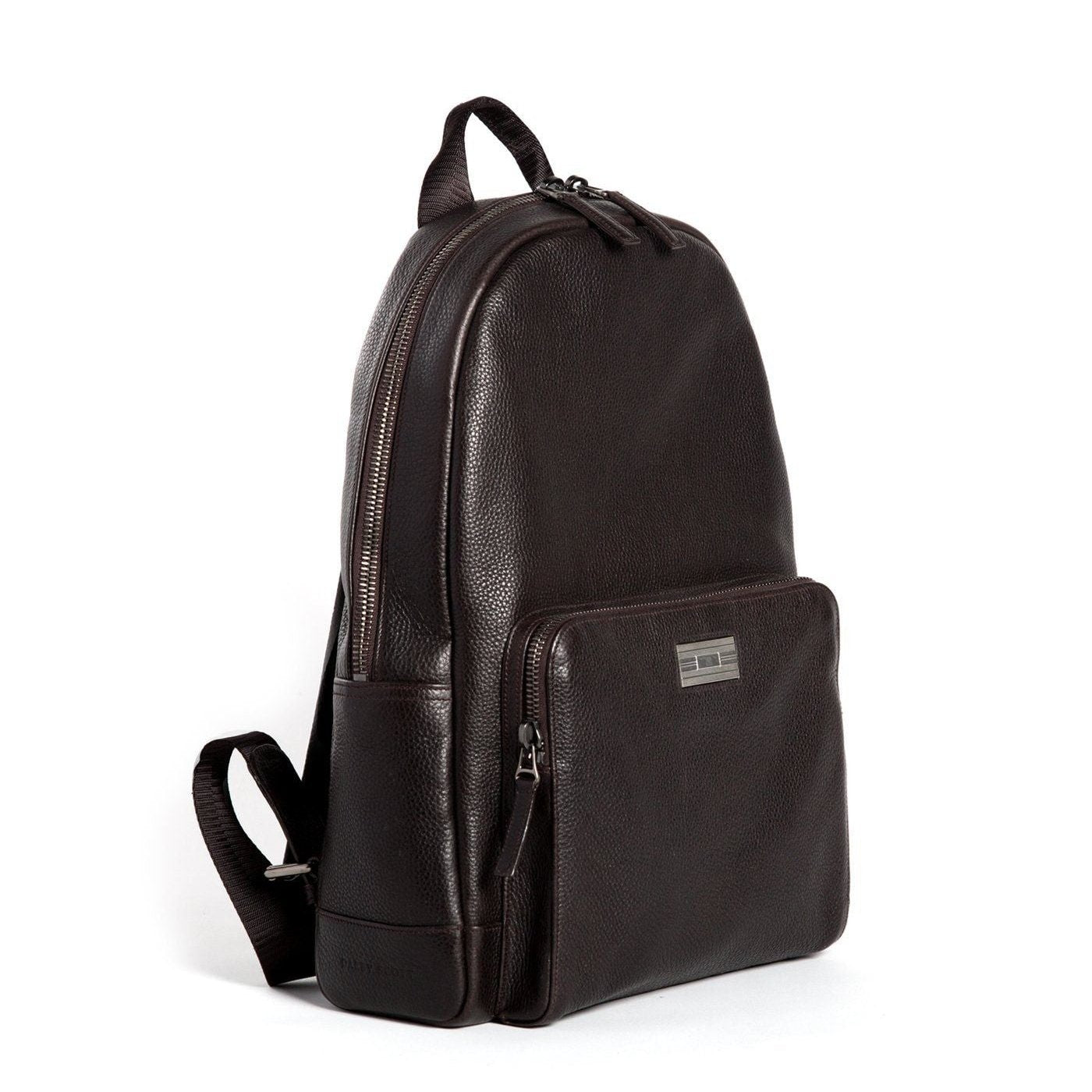 Angled View of Brown Leather Monogram Stuart Backpack - Darby Scott