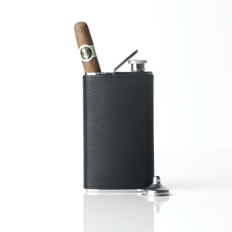 Cigar Holder/Flask Combo Covered with Black Pebble Leather - Darby Scott 