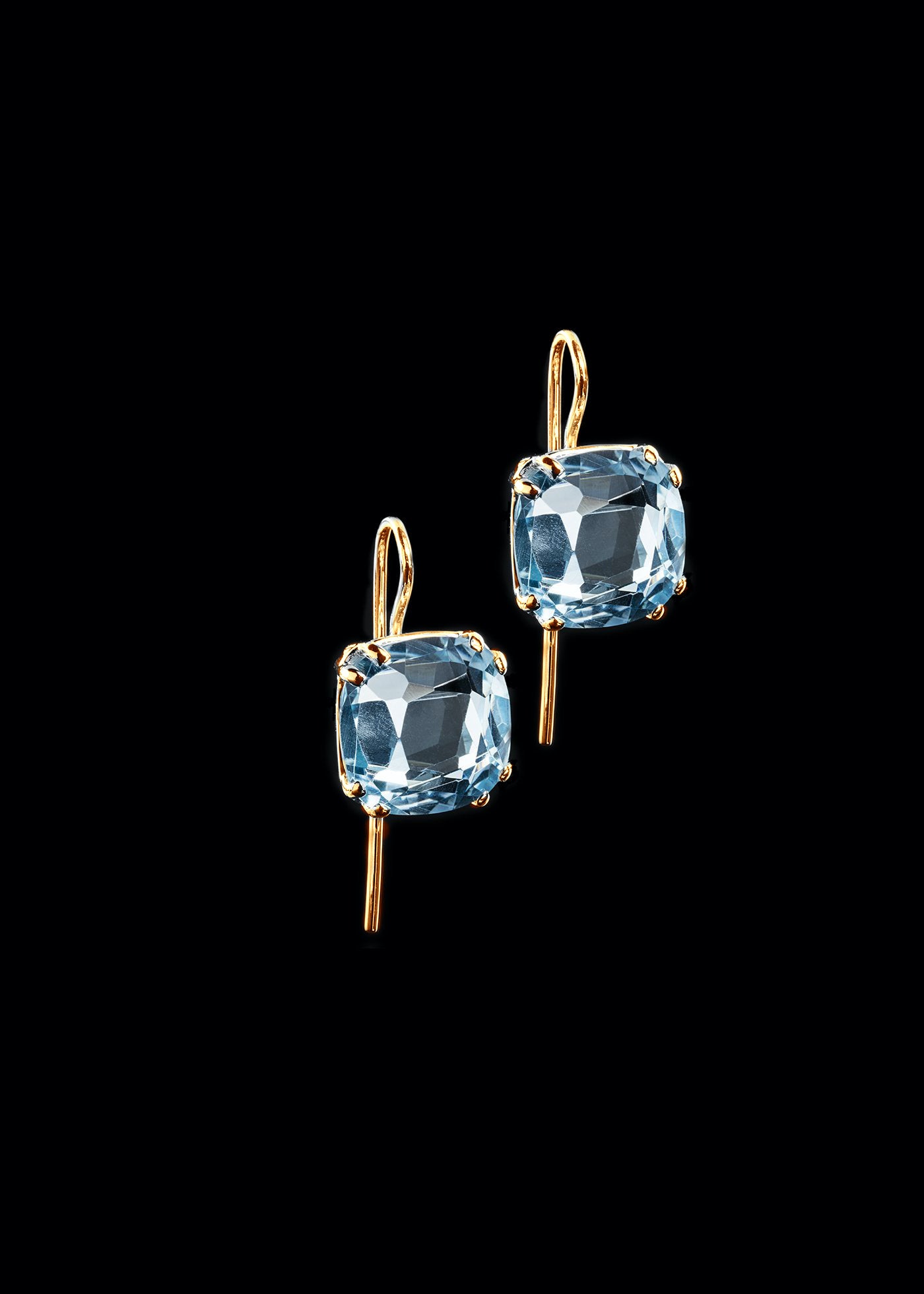 Blue Topaz Cushion Cut 12mm Earrings in 14K Yellow Gold - Darby Scott