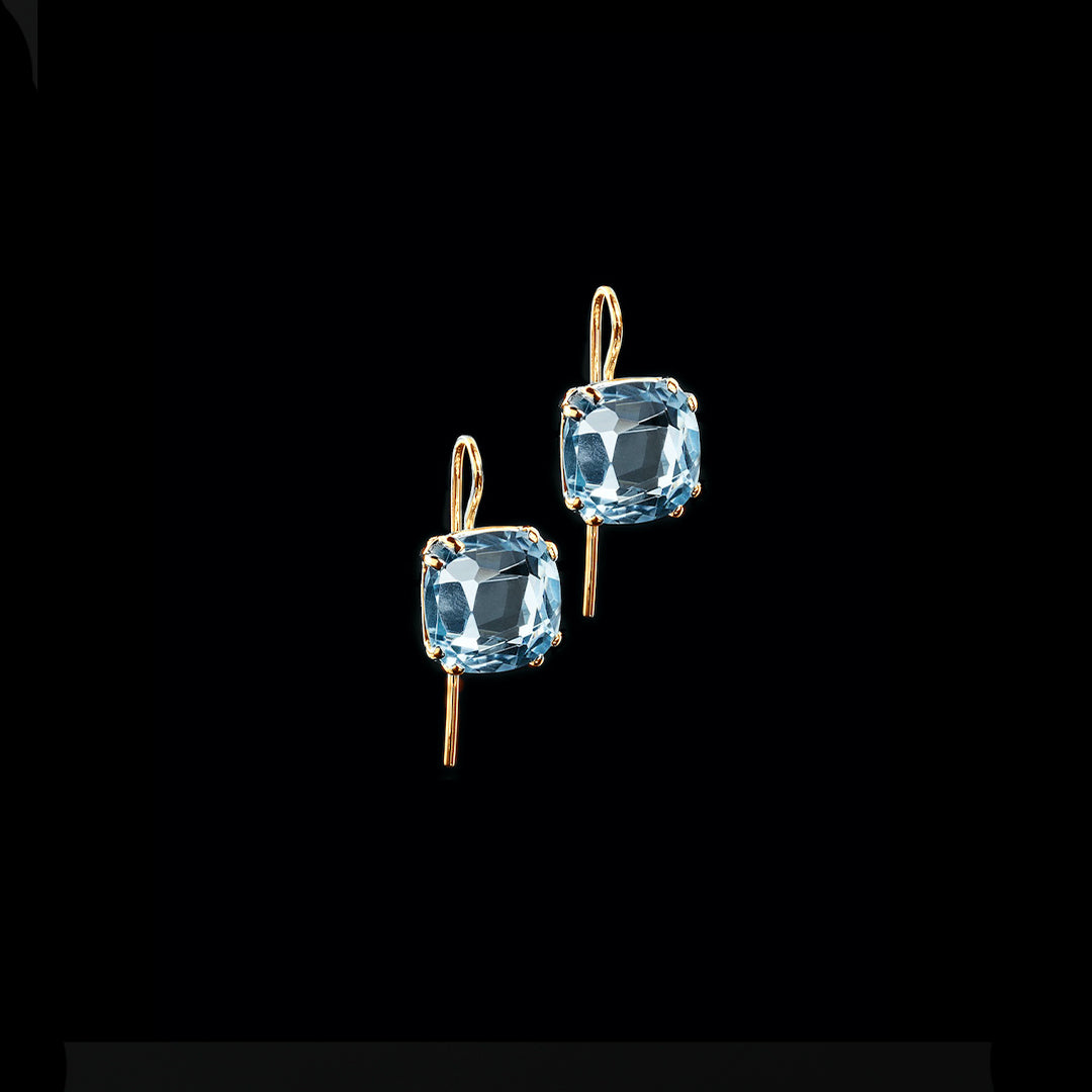 Blue Topaz Cushion Cut 12mm Earrings in 14K Yellow Gold - Darby Scott