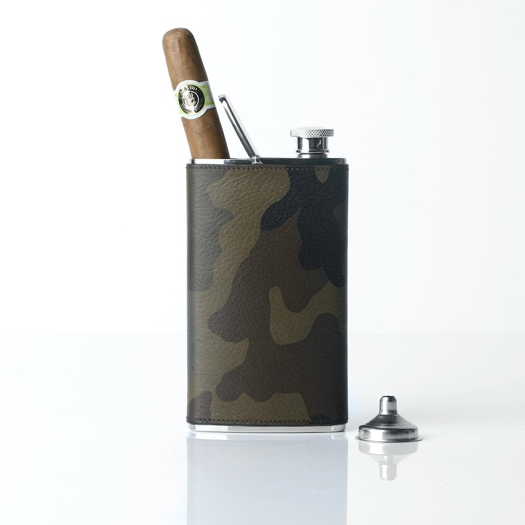 Cigar Holder/Flask Combo Covered with Camo Green Pebble Leather - Darby Scott 