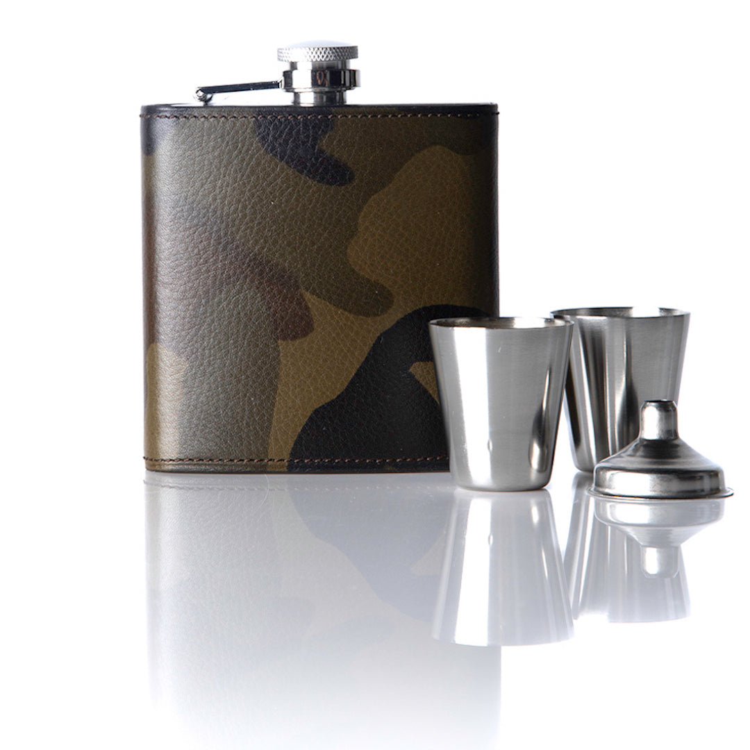 Camouflage Leather Covered Flask with two cups and a funnel - Darby Scott