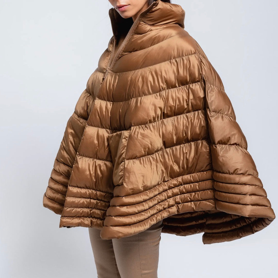 Cognac puffer cape on model