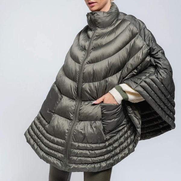 Olive puffer cape on model