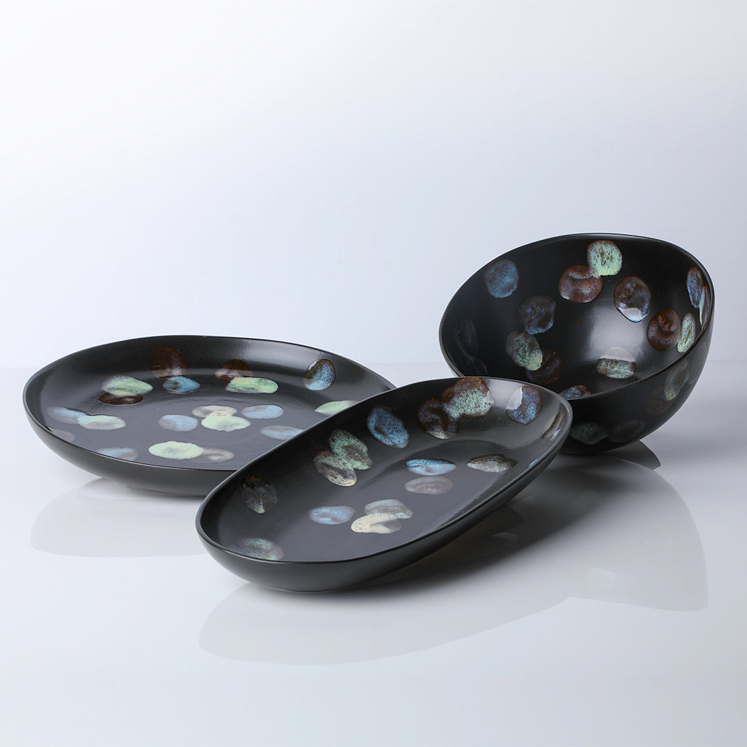 Ceramic Stoneware Serving Dishes in Matte Ebony with Colorful Dappled Spots 