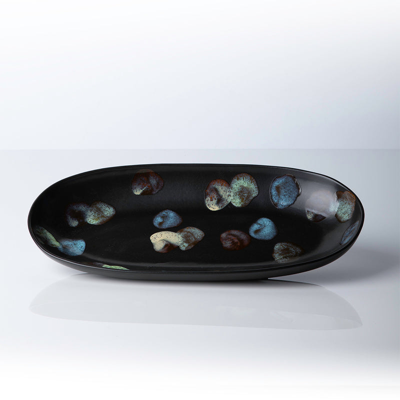 Ceramic Stoneware Oval Platter in Matte Ebony with colorful dappled spots 
