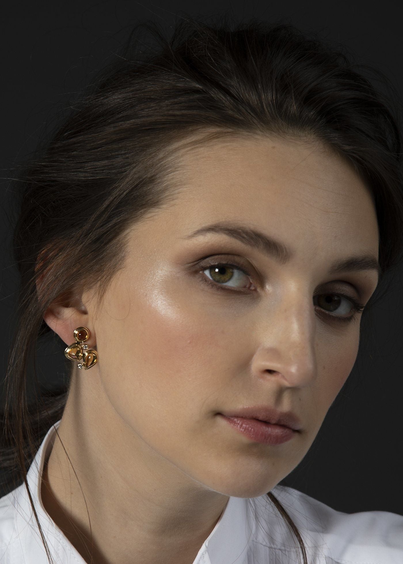 Citrine diamond 18k gold earring mosaic 3 stone post on model - Darby Scott