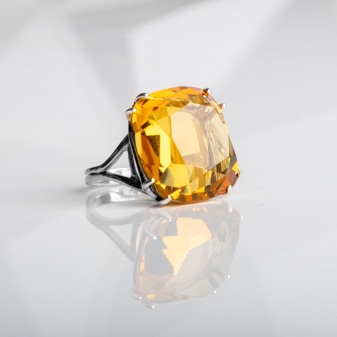 Orange Citrine Cocktail Ring, 34 Carat Cushion Cut in Sterling Silver