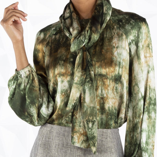 Model in Tie Dyed Camouflage Print Long Sleeve Belted Blouse  - Darby Scott