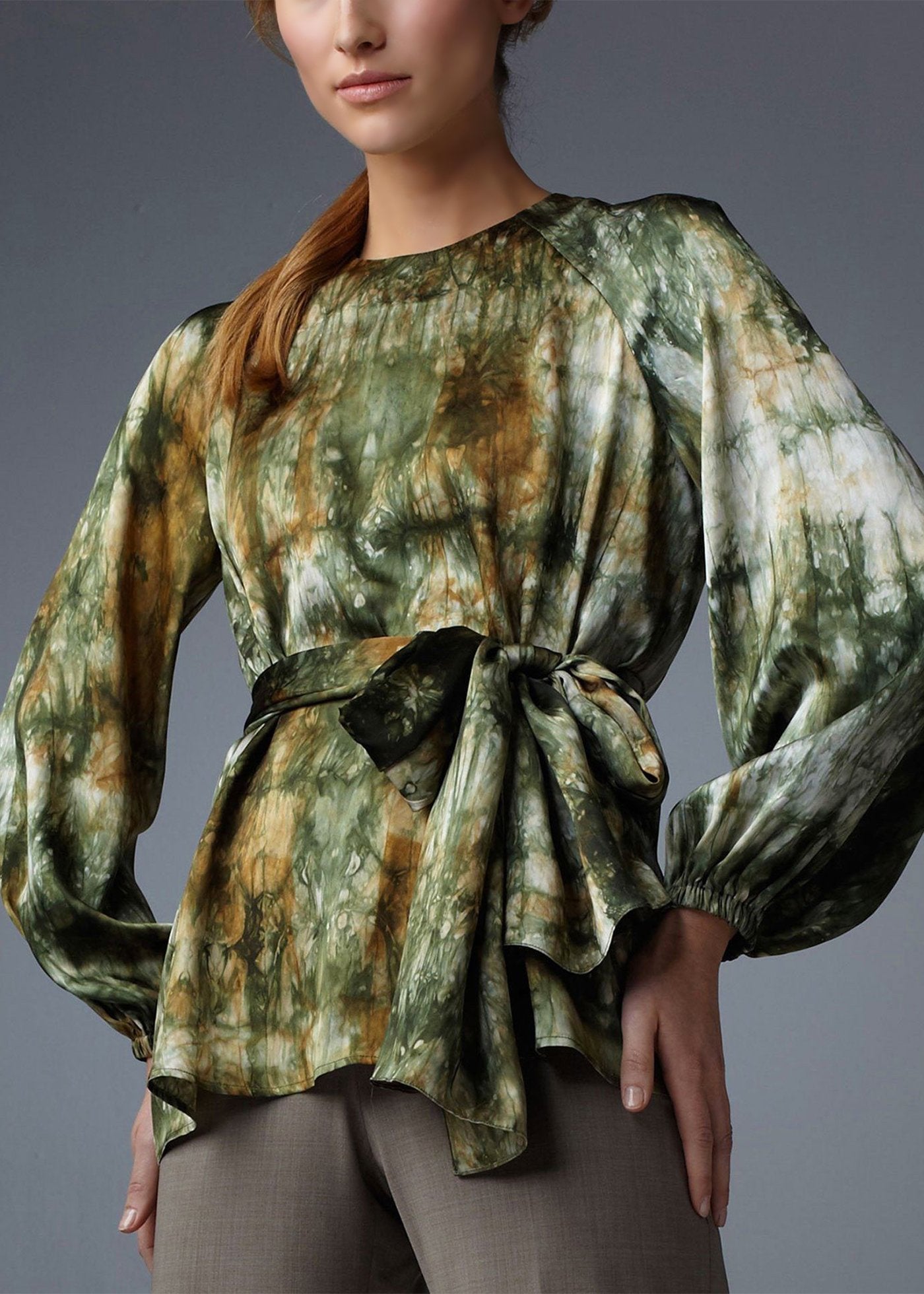 Model in Tie Dyed Camouflage Print Long Sleeve Belted Blouse  - Darby Scott