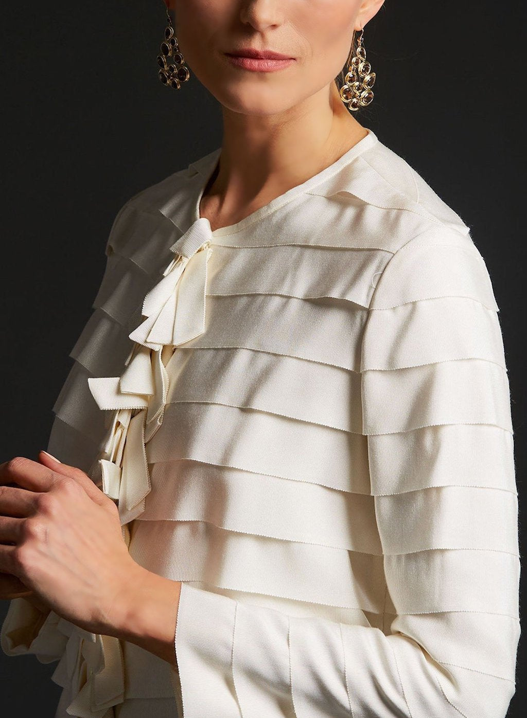 Model in Ivory Silk Grosgrain Ribbon Jacket side view - Darby Scott