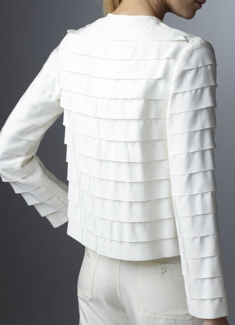 Model in Ivory Silk Grosgrain Ribbon Jacket back view - Darby Scott
