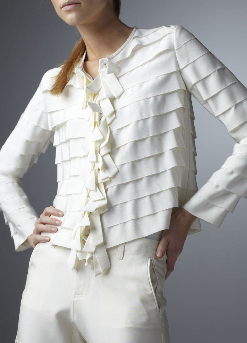 Model in Ivory Silk Grosgrain Ribbon Jacket front view - Darby Scott