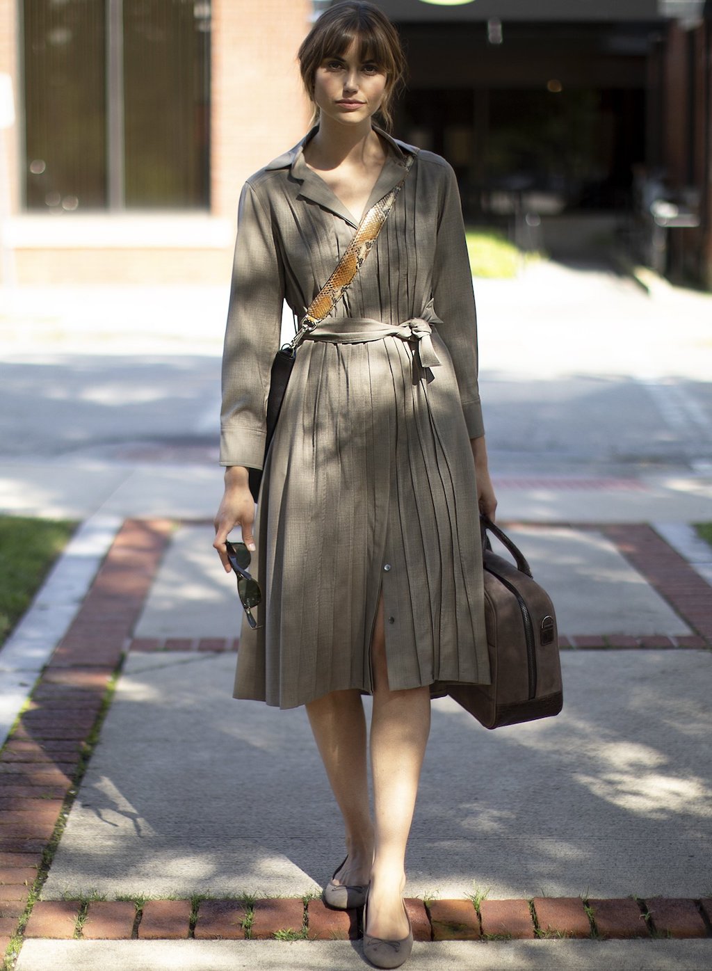 Model Wearing Taupe Cool Wool Shirt Dress Outside - Darby Scott