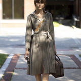 Model Wearing Taupe Cool Wool Shirt Dress Outside - Darby Scott
