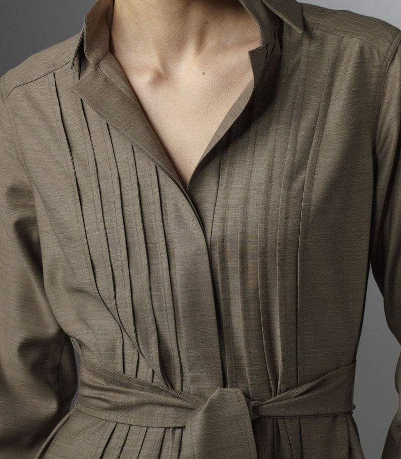 Detail of front pin tucks on Taupe Cool Wool Shirt Dress - Darby Scott