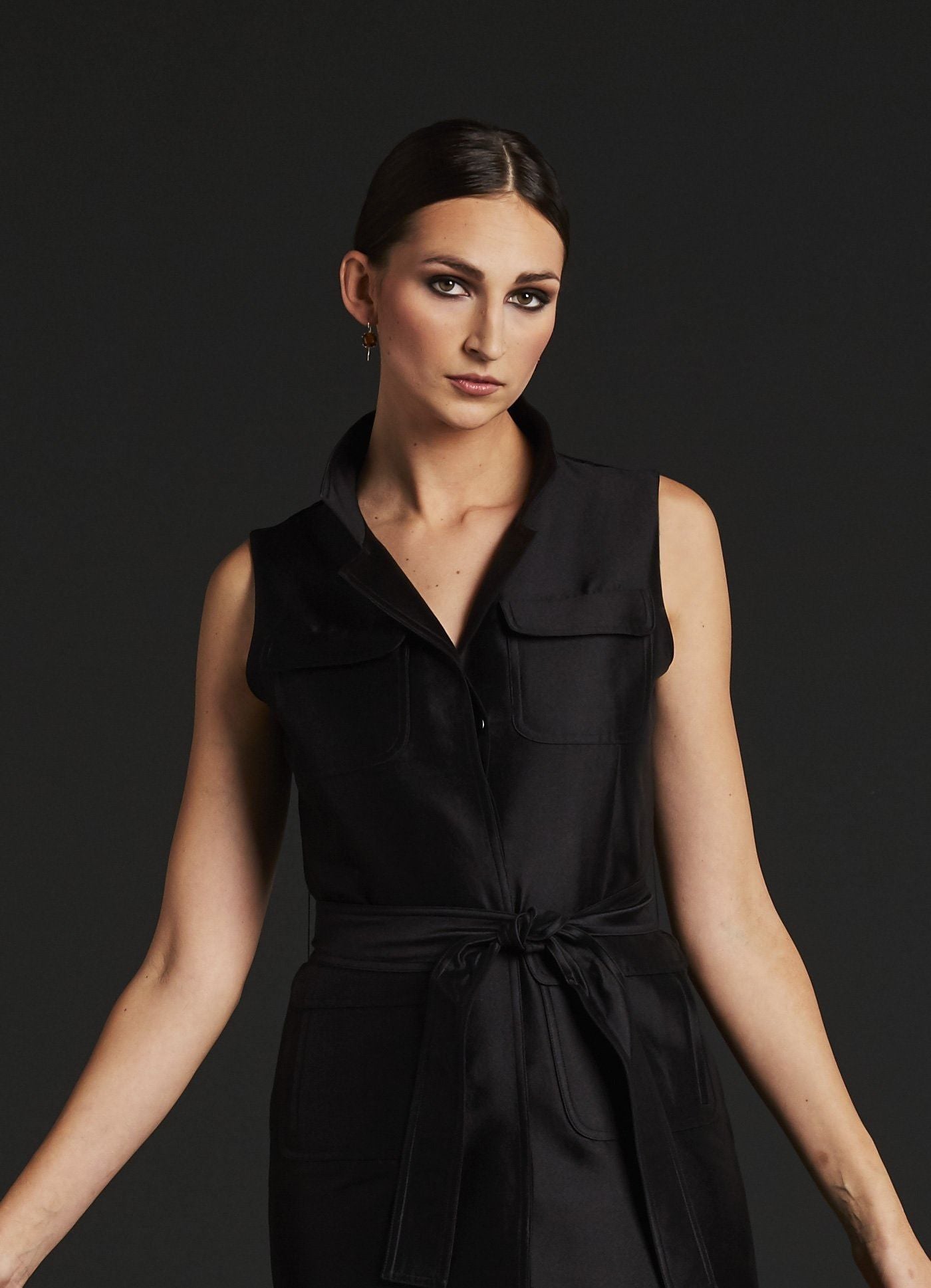 Detail view of front Black Silk Cotton Safari Style Sleeveless Dress - Darby Scott 