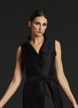 Detail view of front Black Silk Cotton Safari Style Sleeveless Dress - Darby Scott 