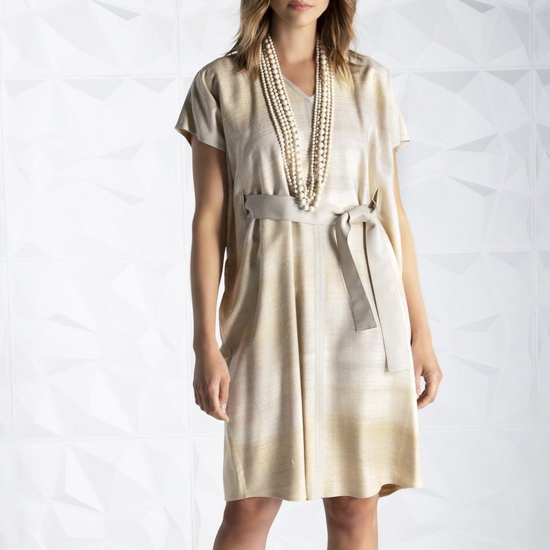 Model in caftan style silk-linen pull-over dress - Darby Scott